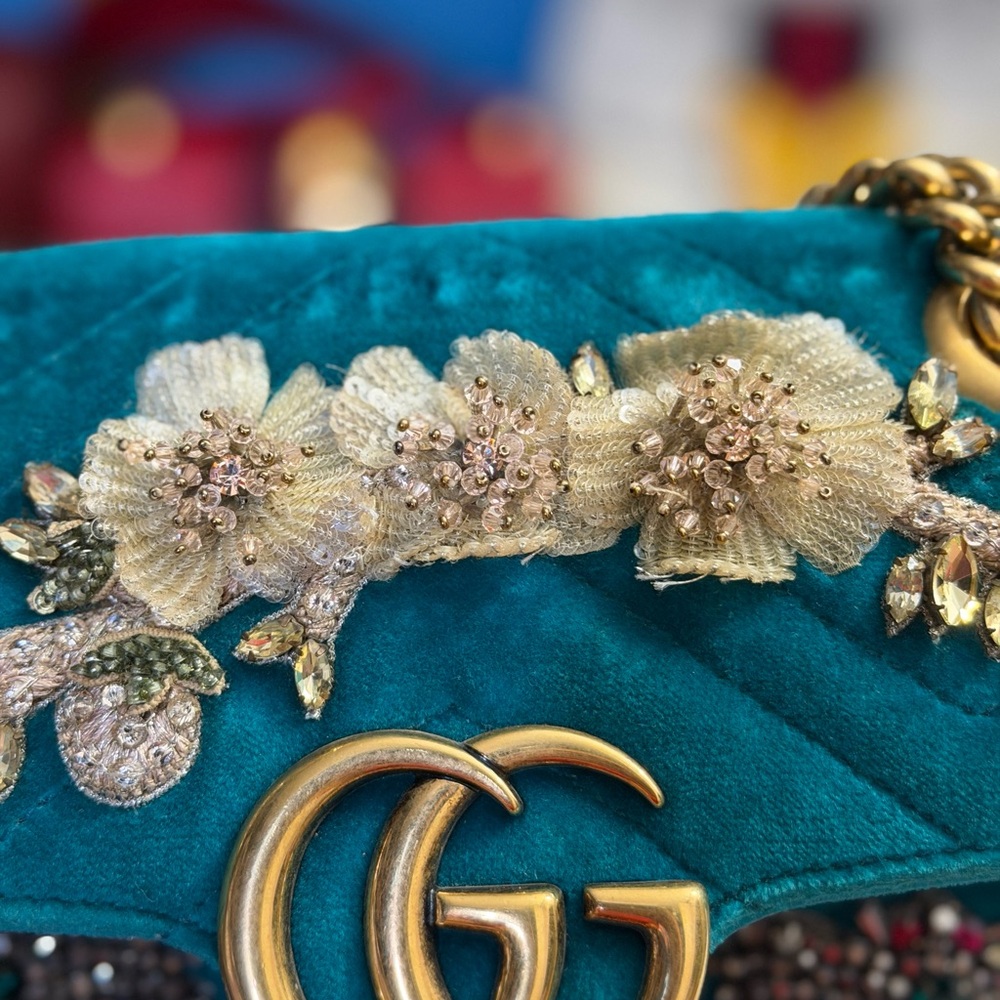 GG Marmont Teal Velvet Crystal Embellished Limited Edition Shoulder/Crossbody - Picture 5 of 16